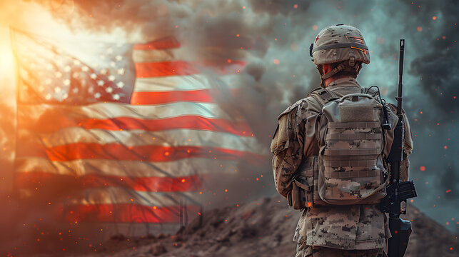 US army soldier with the national flag of America, perfect for greeting cards for military veterans day, memorial day, and independence day.