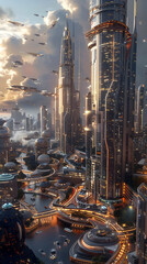 Thriving Futuristic Metropolis with Towering Skyscrapers and Criss-Crossing Aerial Transportation