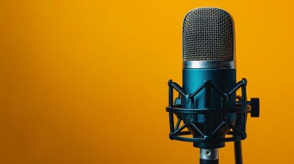 Yellow-green backdrop featuring a podcast microphone in close-up, isolated and well-lit to reveal every intricate detail