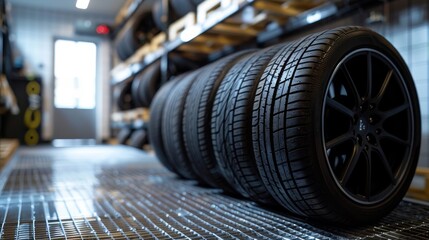 Fototapeta premium Sleek new highway terrain tire displayed on a tidy and useful storage rack in an immaculate garage setting, emphasizing its readiness for use