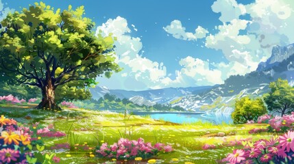 Fototapeta premium Natural beauty of a lush green field with a few spreading branches and a few vibrant blooms