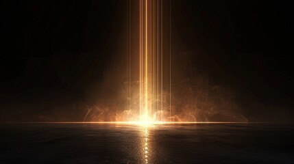 Empty futuristic dramatic sci-fi scene. Reflection of neon lights on wet asphalt. Dark background. Generative AI