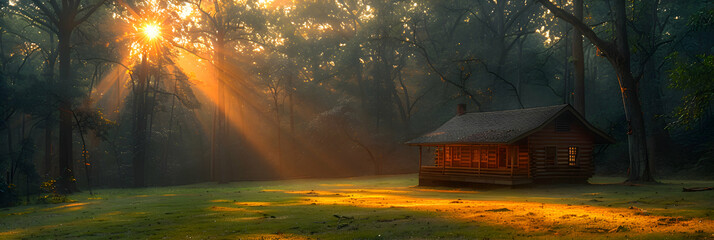 A tranquil nature rainforest scene with a small wooden cabin surrounded by dense trees, bathed in the golden light of dawn