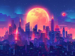Obraz premium Stunning futuristic cityscape under the full moon featuring glowing neon lights and magnificent skyscrapers against the night sky.