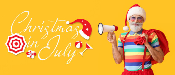 Santa Claus with bag and megaphone on color background