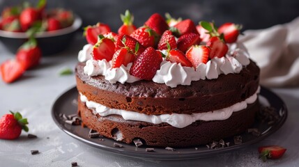 Chocolate cake topped with whipped cream and strawberries