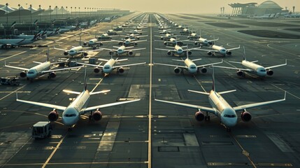 Parking area for many airplanes . transport airport background concept