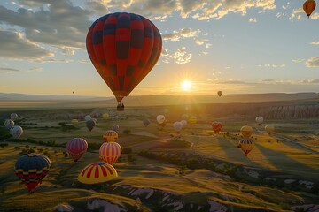 A majestic hot air balloon rising above a field of colorful hot air balloons at dawn.