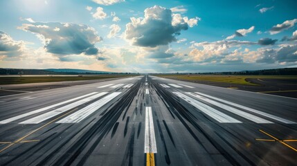 Obraz premium runway perspective for airplan and airplane tire tracks.