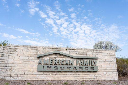American Family Insurance sign outside the headquarters in Madison, Wisconsin, United States, May 4, 2023. American Family Insurance, also abbreviated as AmFam, is an American private mutual company.