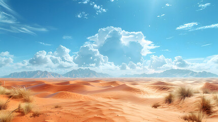 A vast nature desert with rolling sand dunes and a clear blue sky, the heat shimmering in the distance