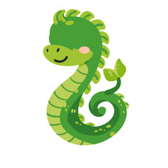 A happy green dragon with a spiky tail holding a leaf