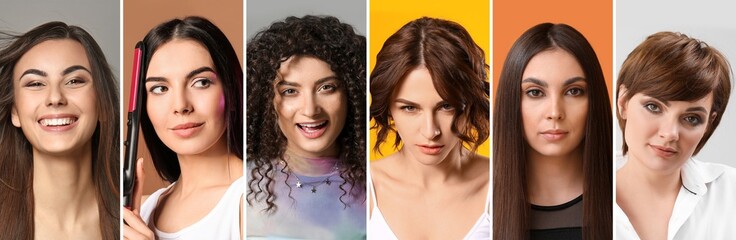 Collage of young women with healthy brown hair on color background