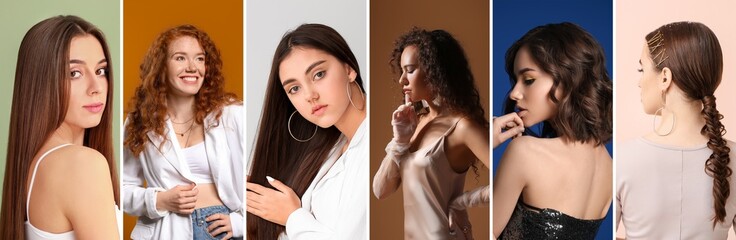 Collage of young women with natural brown hair on color background