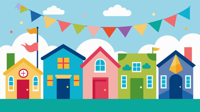Each house on the block displayed a unique flag or banner with their welcome message creating a colorful and festive atmosphere for the neighborhood. Vector illustration