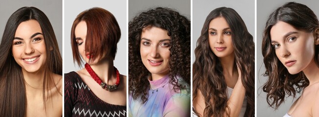 Collage of young women with healthy brown hair on grey background