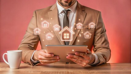 Businessman using tablet with virtual hologram of home appliances, smart house and ecommerce icons on screen in office. 