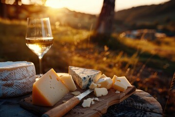 A Taste of France: Savoring a Variety of Cheeses with a Glass of White Wine and a Cheese Knife...