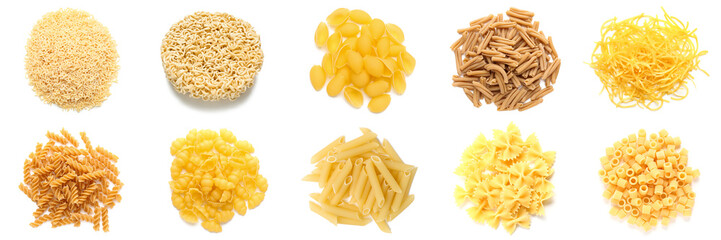 Group of raw pasta on white background, top view