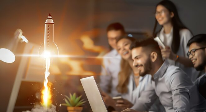 A startup team celebrating the launch of their app