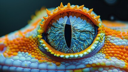 Extreme close-up of an impressive and beautiful gecko eye, scales, white, orange, silver, light blue .
