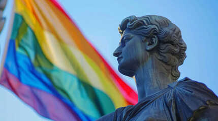 Fototapeta premium statue of a person with pride flag at background equality concept