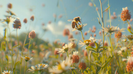 Obraz premium Bee Collecting Pollen from Flowers in the Morning, Close Up Bee with Flowers, Honey Bee