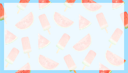 水彩で描いた可愛い夏のスイカの背景フレームイラスト