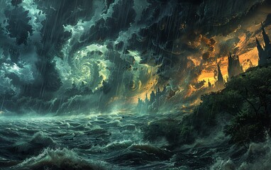 Fototapeta premium Natures Wrath Unleashed Illustrate Heavy Rain and Violent Winds Decimating Earths Terrain