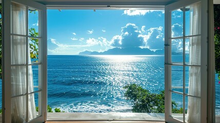 The open window of the villa offers a view of the sea. An idyllic picture of relaxation and tranquility. Generative AI