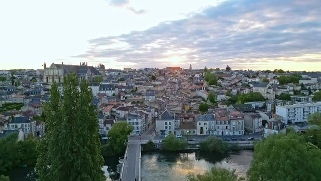 Poitiers cityscape with Cathedral of Saint Peter or Pierre, France. Aerial drone descending