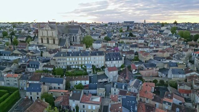 Poitiers cityscape with Cathedral of Saint Peter or Pierre, France. Aerial drone forward