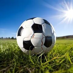 Fototapeta premium soccer ball on green grass with sun shining on it