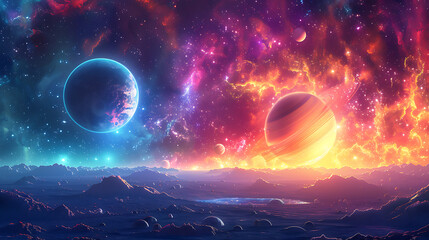 Obraz premium Colorful Extraterrestrial Landscape with Planets