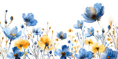 A painting of three blue flowers with yellow centers. The flowers are arranged in a row, with the middle one slightly larger than the others. The painting has a calming and serene mood, with the blue