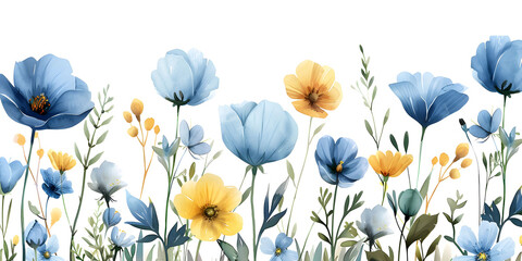 Naklejka premium A painting of three blue flowers with yellow centers. The flowers are arranged in a row, with the middle one slightly larger than the others. The painting has a calming and serene mood, with the blue