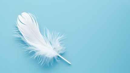 Close-up white feather on blue background, generative AI