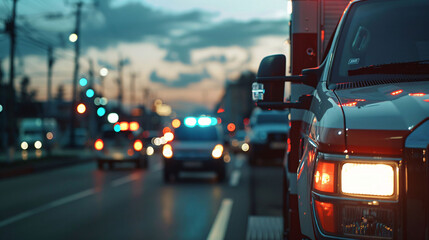 close up shot of emergency ambulance car going to receive patient on city road blur background