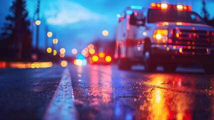 Fototapeta premium Emergency ambulance car going to receive patient on city road blur background