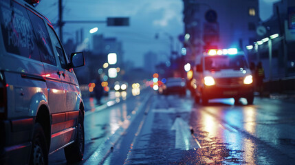 Fototapeta premium Emergency ambulance car going to receive patient on city road blur background