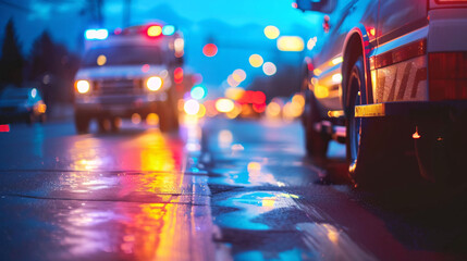 Emergency ambulance car going to receive patient on city road blur background