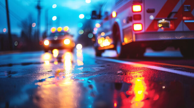 close up shot of emergency ambulance car going to receive patient on city road blur background - Powered by Adobe