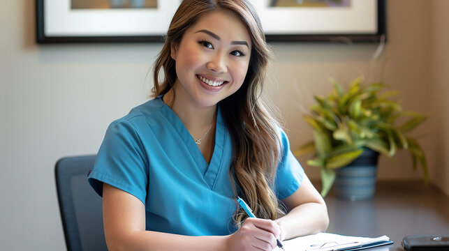 A beautiful Asian woman in blue scrubs is smiling and holding her pen, standing at the front of an office desk with whiteboard background.