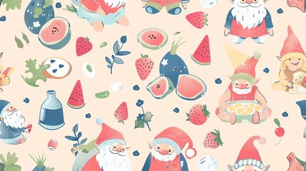 Hand-drawn pastel-colored seamless pattern featuring gnomes, coffee mugs, and leafy branches, perfect for a charming and cozy look