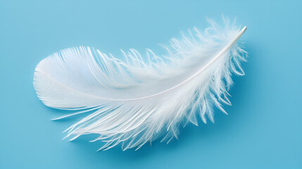 Obraz premium Close-up white feather on blue background, generative AI