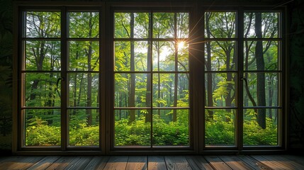 Window offers an amazing view of the forest with serene beauty beyond. Serene, calm aesthetic atmosphere. Generative AI