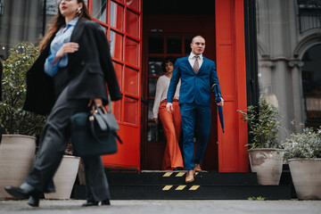 Businesspeople exiting a coffee shop after a meeting, wearing formal business attire and holding...