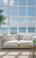 white cozy couch in living room with big window with blue sky and ocean view at background