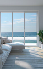 Fototapeta premium white cozy couch in living room with big window with blue sky and ocean view at background