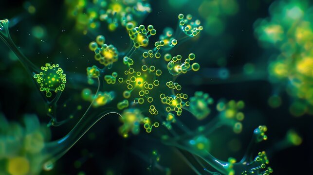 Abstract green algae, micro remote control aerial photography, dark background, blue and yellow green gradient.